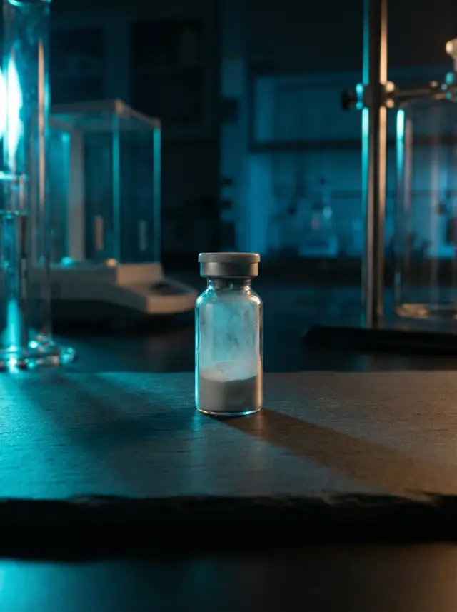 Peptide vial with cyan laboratory lighting