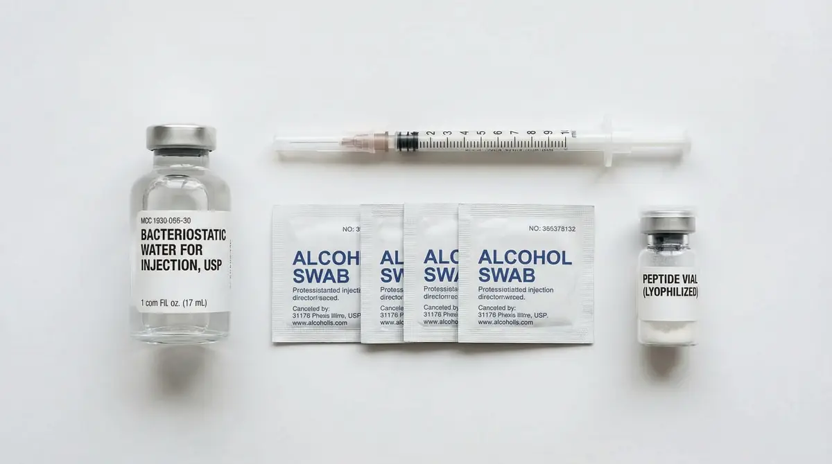 Peptide reconstitution supplies flat lay